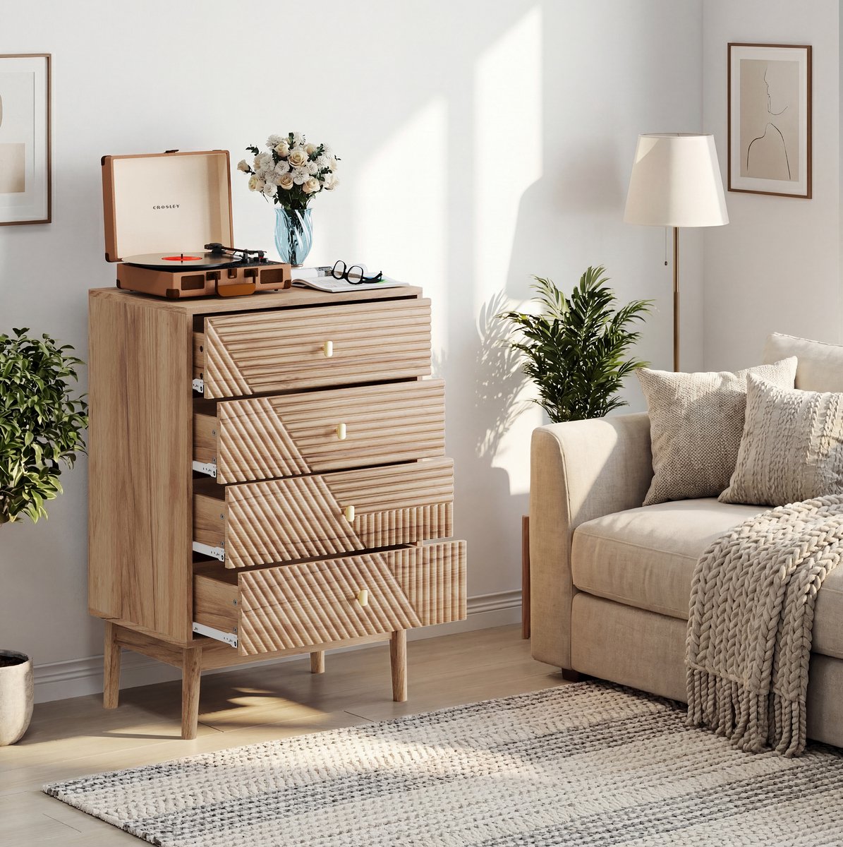 COVREO Dressoir 60 x 40 x 90 cm – eikenkleur, 4 laden, MDF en spaanplaat