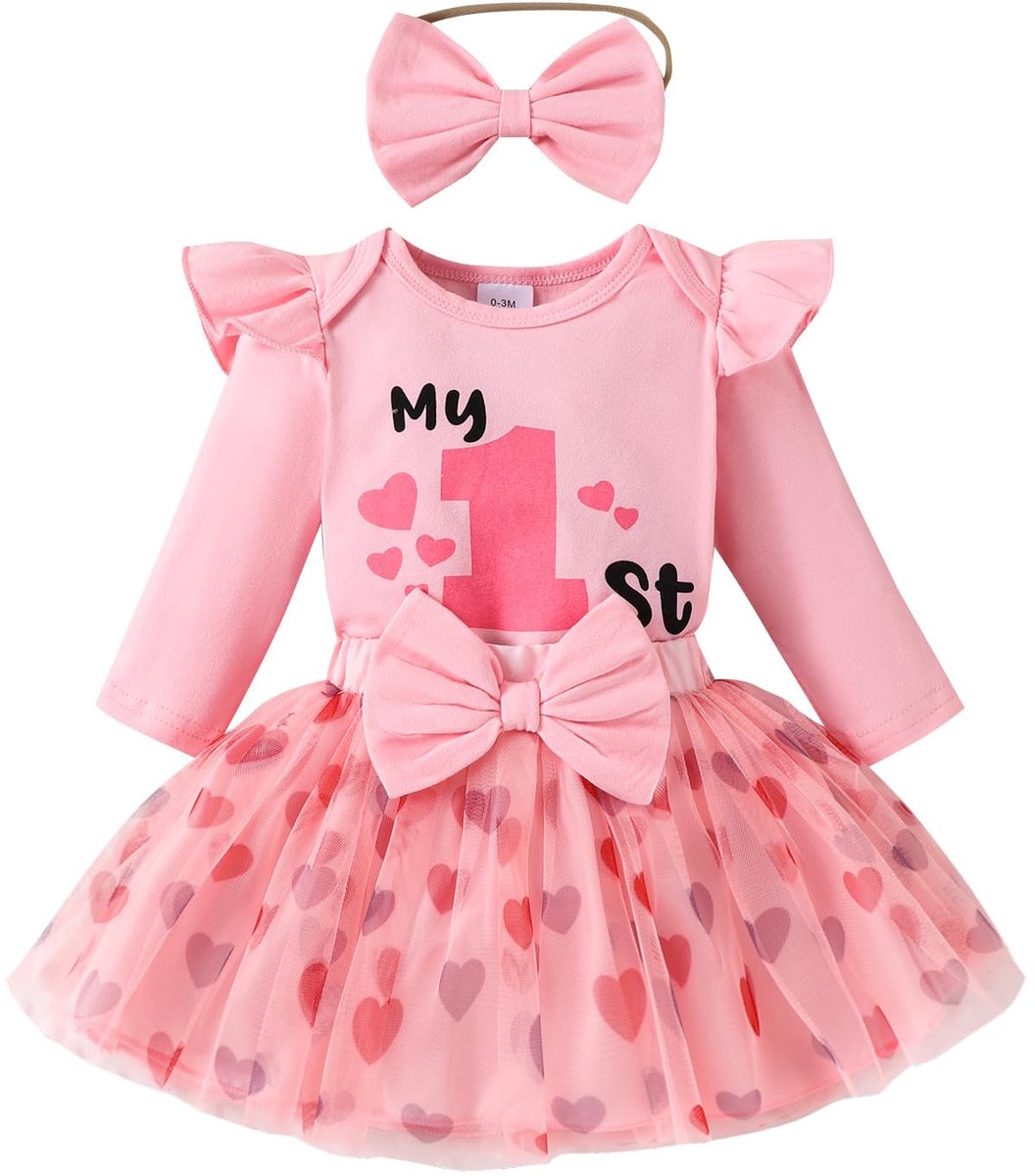 SnelShoppen - Rompertje voor Pasgeborenen Meisjes met Hartpatroon, Lange Mouwen, Eerste Letter, Tutu-Rok & Hoofdband, Roze, 0-3 maanden - Perfect voor