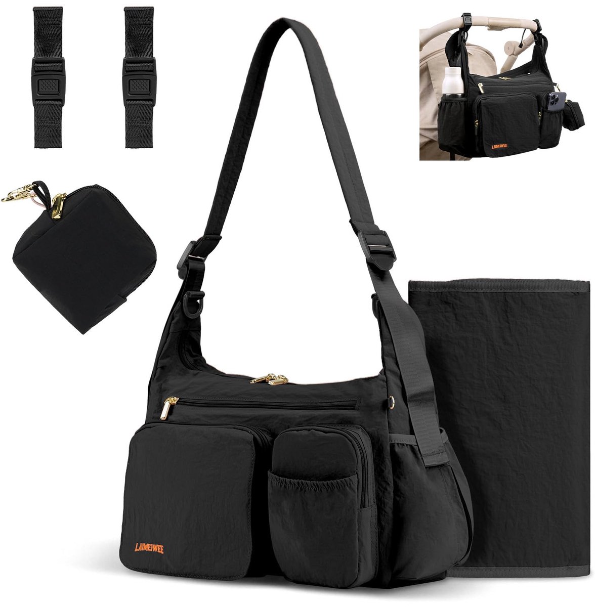 SnelShoppen - 2-in-1 Luiertas en Crossbody Kinderwagen Caddy - Lichtgewicht 13L Reistas voor Baby, Werk en Sportschool - Zwart, Chique Fashion Accesso