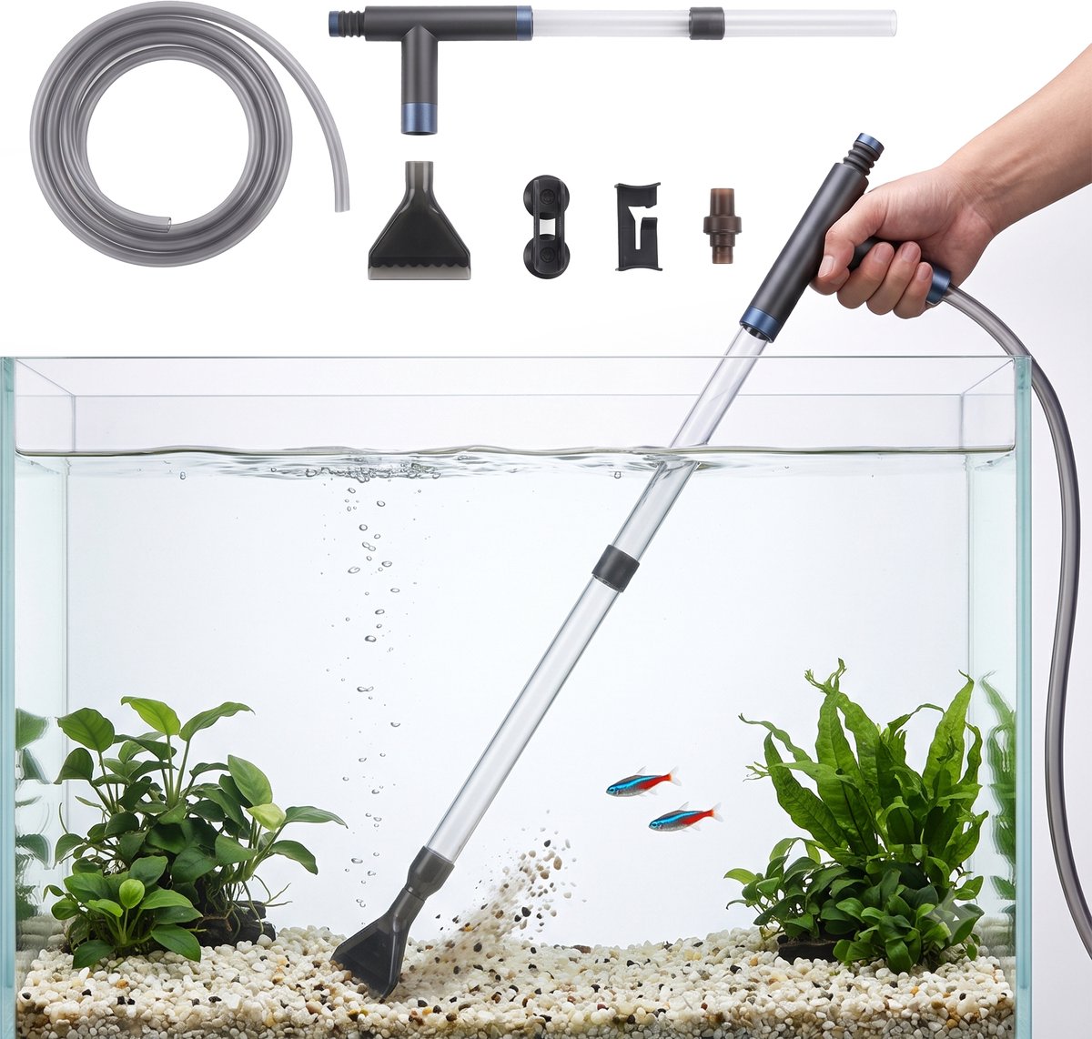 AquaImpact Premium Aquarium Stofzuiger – 4-in-1 - Aquarium Stofzuiger - Premium Bodemreiniger - Zonder batterijen - Handsfree Gravel Cleaner – Water Verversen & Aquarium Schoonmaken