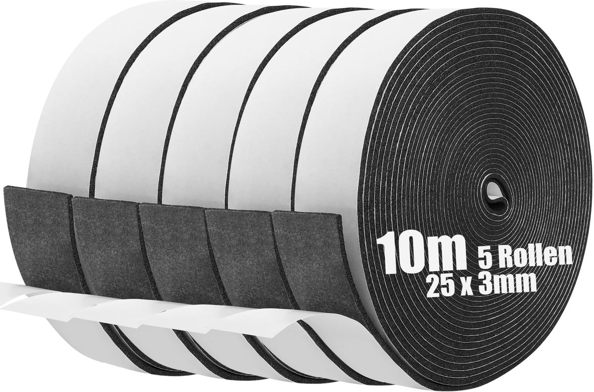 SnelShoppen - Zelfklevende Schuimtape 25mm x 3mm x 10m - Weerstrippen voor Deuren en Ramen - Tochtstrip, Geluidsisolatie, Anti-botsing, Weerbestendig,