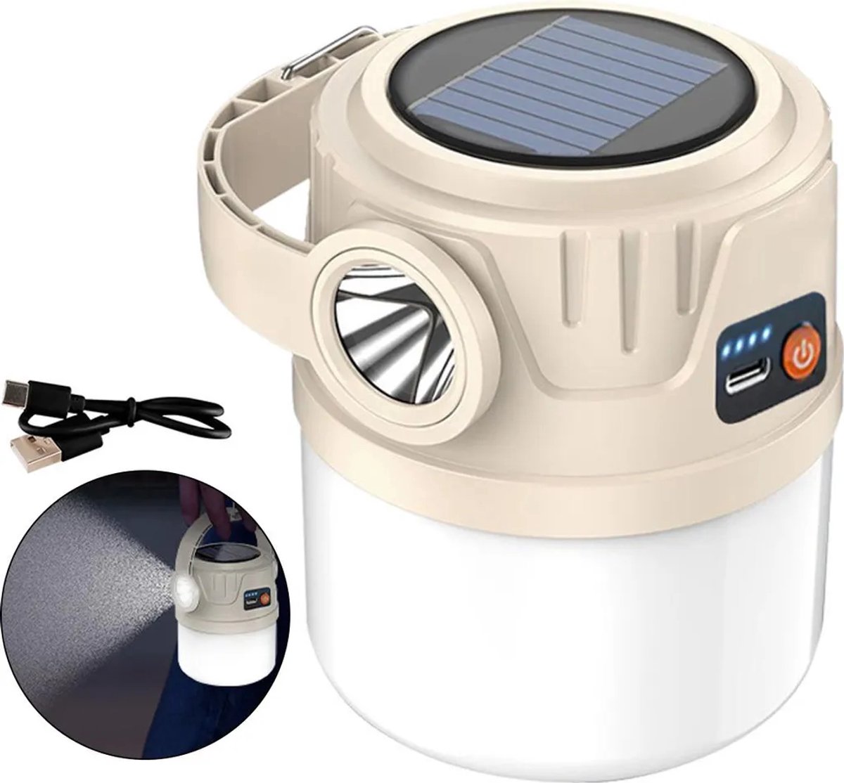 Campinglamp op zonne-energie, handlamp, 4 lichtstanden, Type-C-aansluiting en opladen via zonne-energie, tentlamp voor buiten, draagbaar, regenbestendig, lange batterijduur.