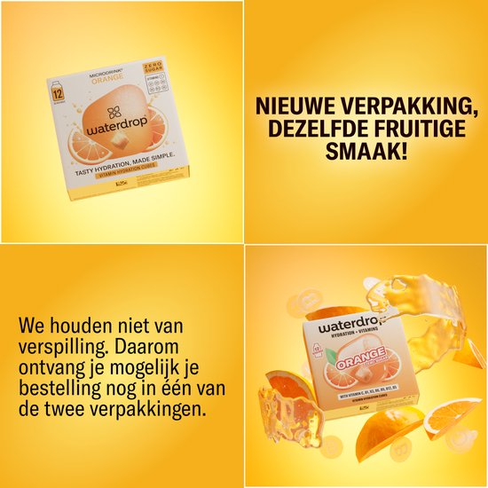 Waterdrop sinaasappel drinkpakket met sinaasappel, ijs en water.