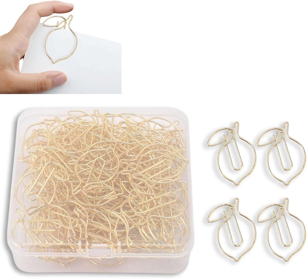 SnelShoppen - Pack van 100 Paper Clips - Schattige Citroen Vorm Paper Clips - Gouden Mini Paper Clips - Bookmarkers met Transparante Doos - Decoratiev