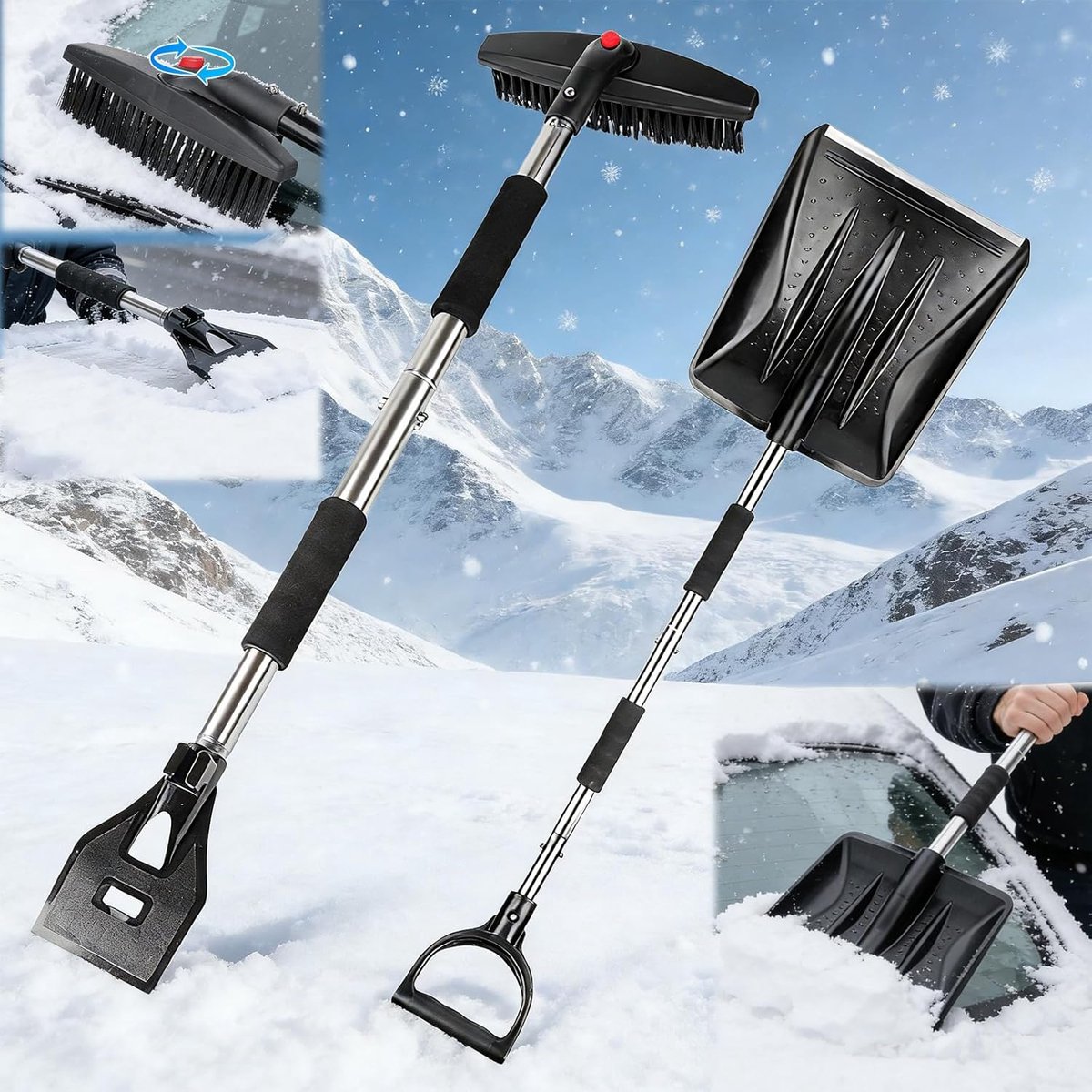 SnelShoppen - 3-in-1 Car Ice Scraper met Broom, Verlengbare Ruitenschraper, 360° Draaibare Borstel, Sneeuwschuiver Accessoires voor Winter