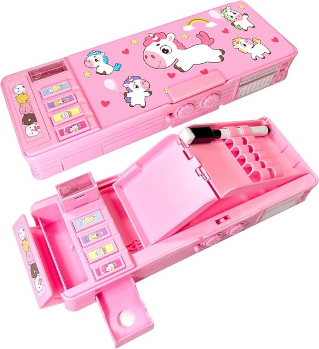 SnelShoppen - Pop Up Multifunctionele Pennenhouder voor Kinderen, Schattige Cartoon Pen Box Organiser met Potloodslijper, Witbord en Lesrooster, Roze
