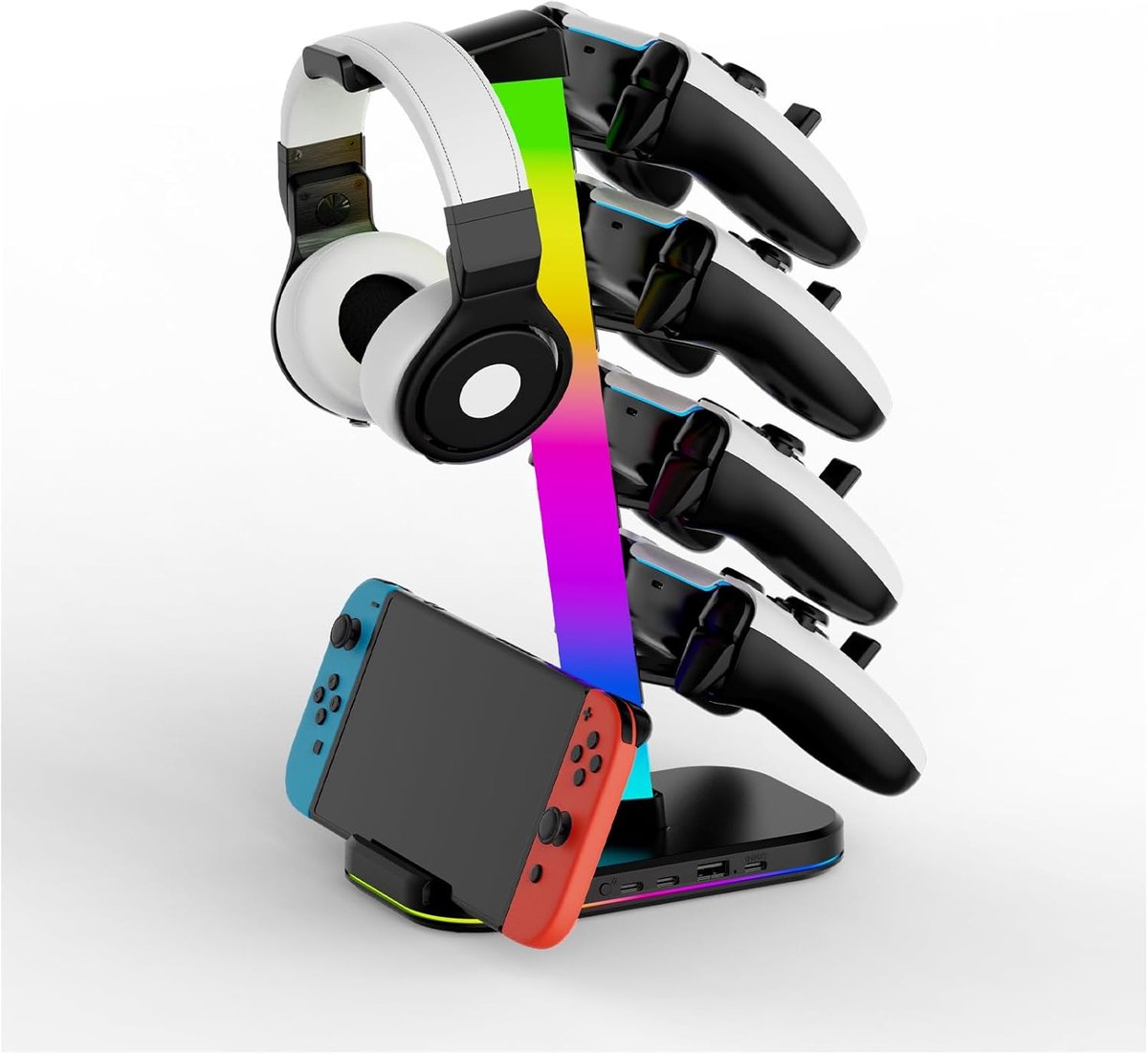 SnelShoppen - Gaming Headset Stand met 10 RGB Lichteffecten, 2 Type-C Poorten, USB-C Aansluiting, 4 Hooks voor PS4/PS5 Controllers en Meer - Desk Acce