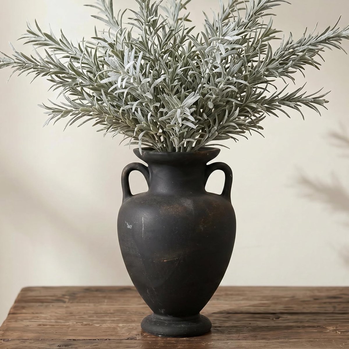 SnelShoppen - Zwarte keramische vaas met handvat | Decoratieve terracotta vaas | Ronde rustieke vazen voor huisdecoratie | Vintage boerderij stijl voo