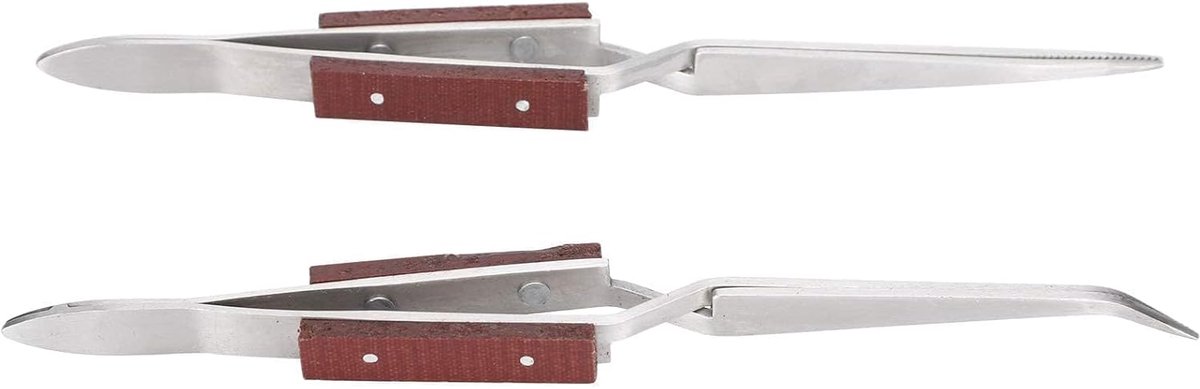 Tweezers 2 Stuks Cross Locking - Gebogen en Rechte Punt - Hout Handvat - Ideaal voor Solderen - SnelShoppen