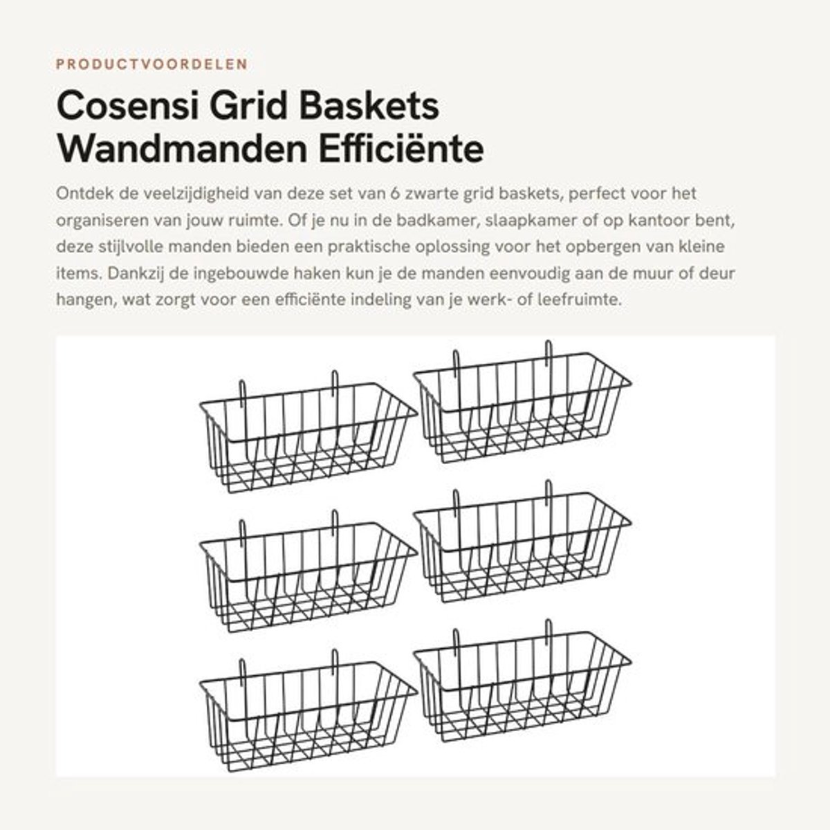 Opbergmand - 6 Stuks - Met Haken - 23 x 10 x 7,5 cm - Zwart Metaal - Wandbevestiging - Efficiënte Ruimtebesparing
