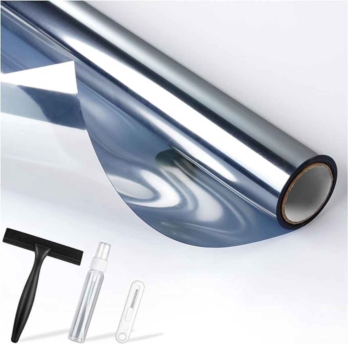 Zonwerende Spiegelraamfolie Statisch Klevend met Installatietools, Privacy Raamfolie Anti-UV, Warmtereflecterend, Herbruikbaar, Zilver, 44.5x200 cm