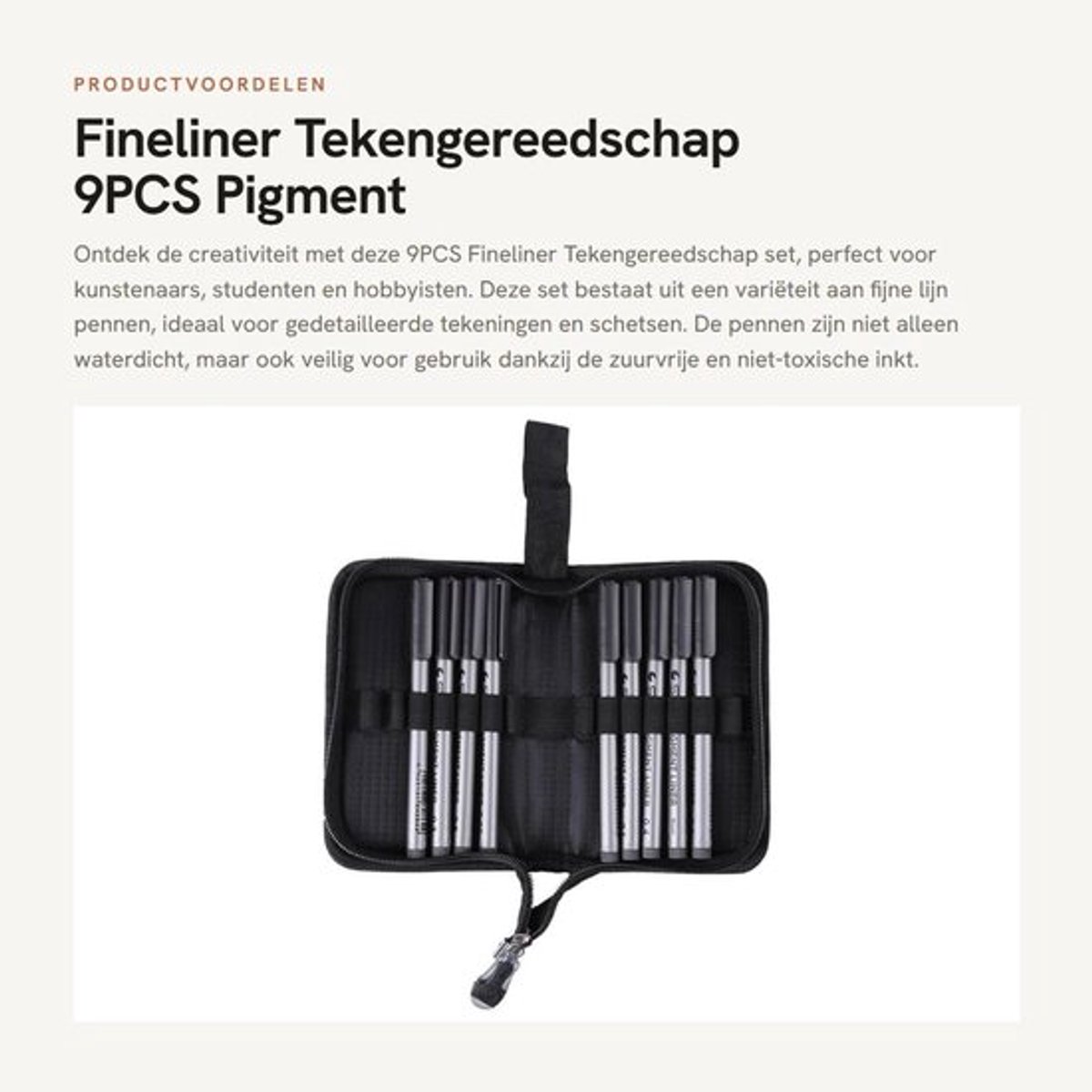 Fineliner Set 9 Stuks - Waterdichte Tekening Pennen - Fijne Lijn Inkt - Penselenetui met 14 Gleuven - Zuurvrij en Niet-toxisch - Tekenpennen