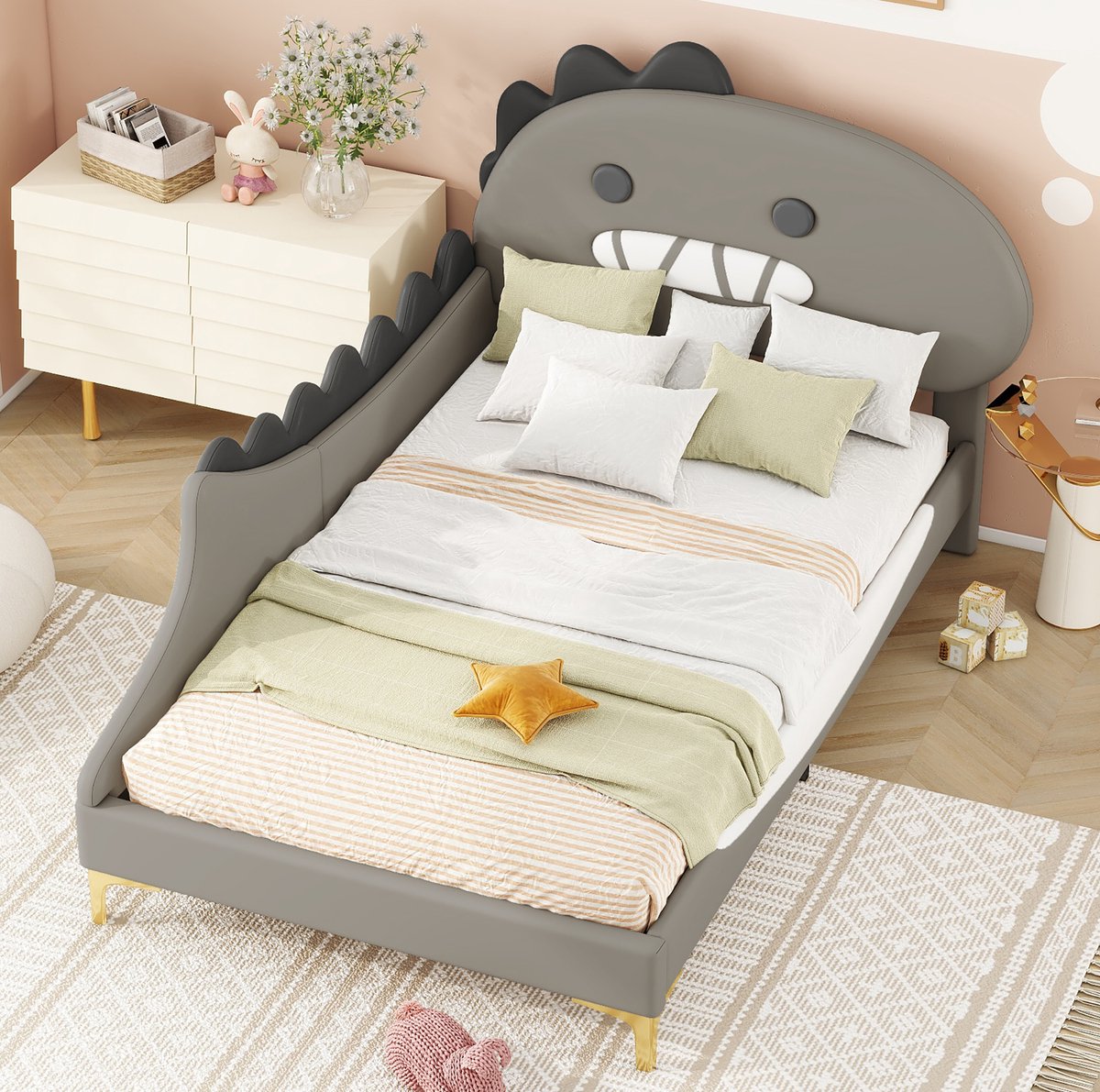 COVREO Kinderbed 209x94 cm grijs kunstleer en MDF met dinosaurus hoofdbord