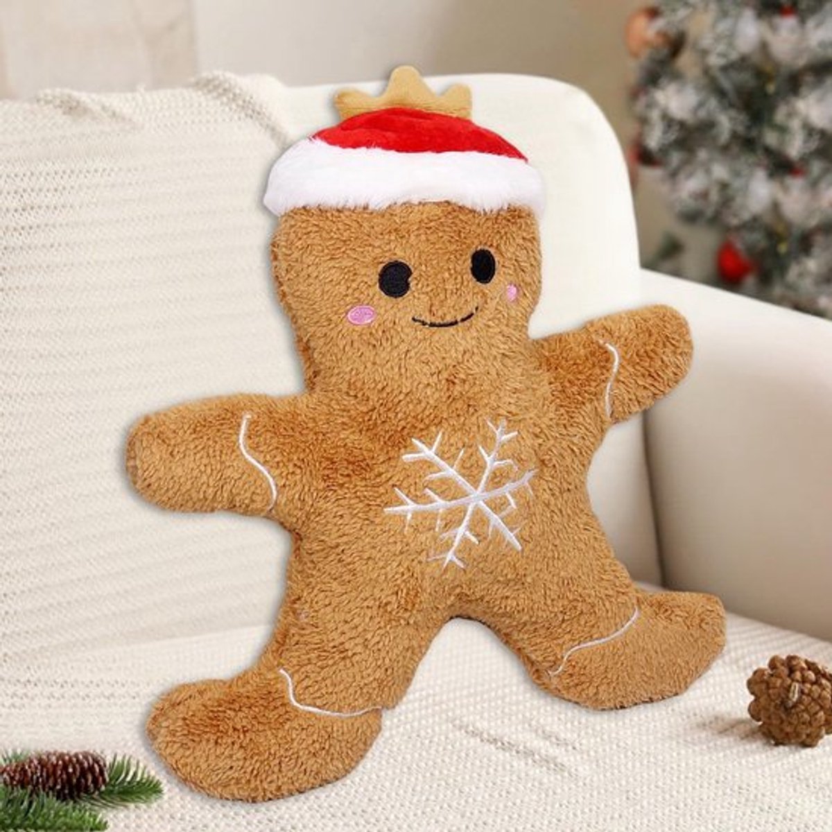 Kerstkussen 30 cm - Peperkoekmannetje - Pluche Knuffelkussen - Kerstdecoratie - Behaaglijk Kussen - Geschikt voor Bank/Bed