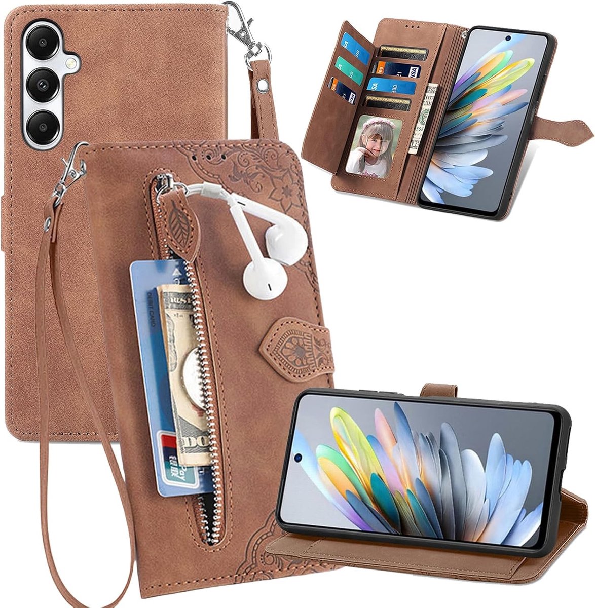 Wallet Case voor Samsung Galaxy A17 met 7 Kaartslots, Ritsvak en Verwijderbare Polsband - PU Lederen Flipcover met Kickstand en Magnetische Sluiting voor Samsung A17 en A26 - Bloemenprint Beschermhoesje