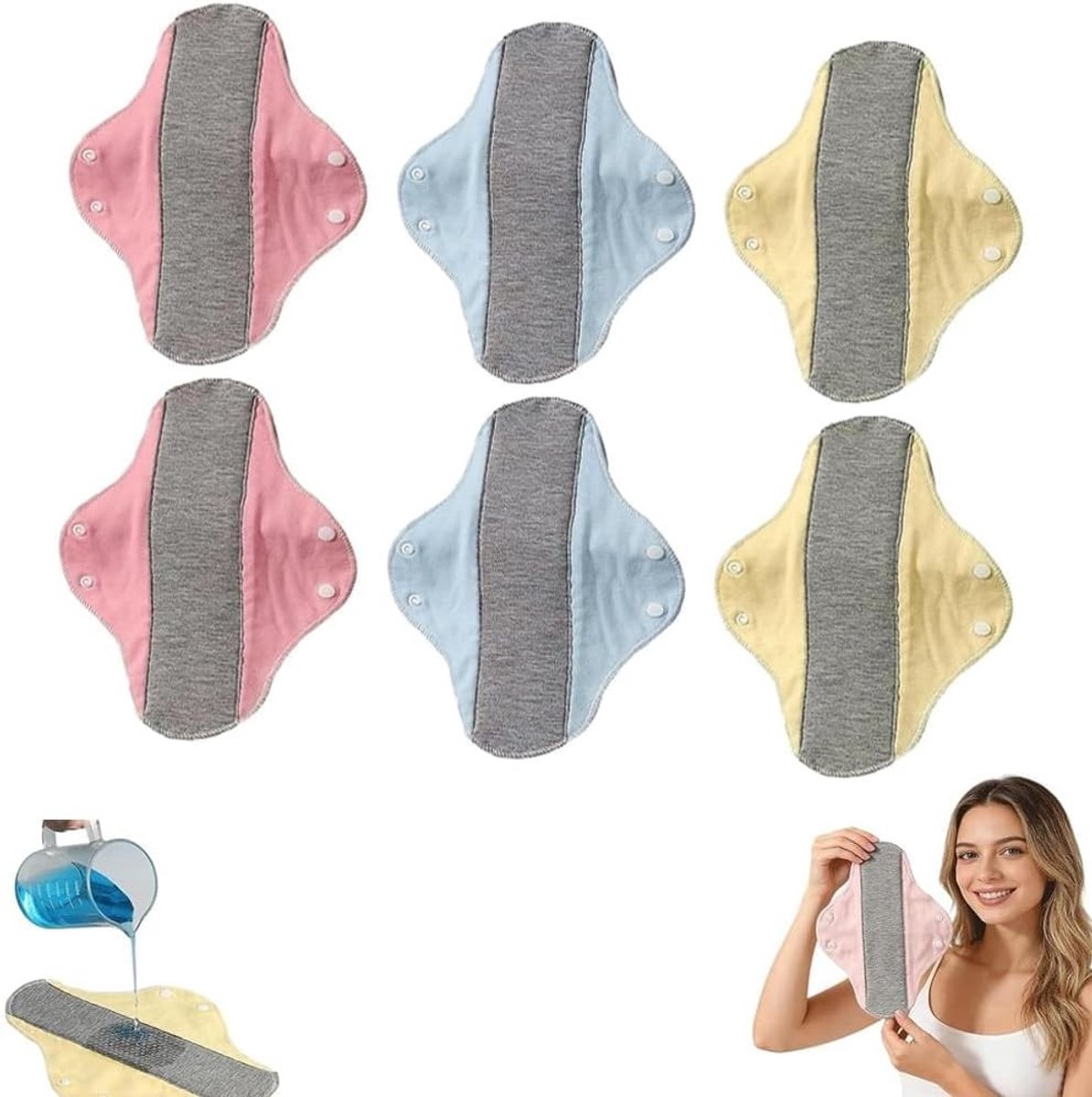 Herbruikbare incontinentiepads, 6 stuks, zacht en comfortabel, waterdicht, lekvrij, wasbare menstruatiepads in roze, blauw en geel, ideaal voor dagelijks gebruik.