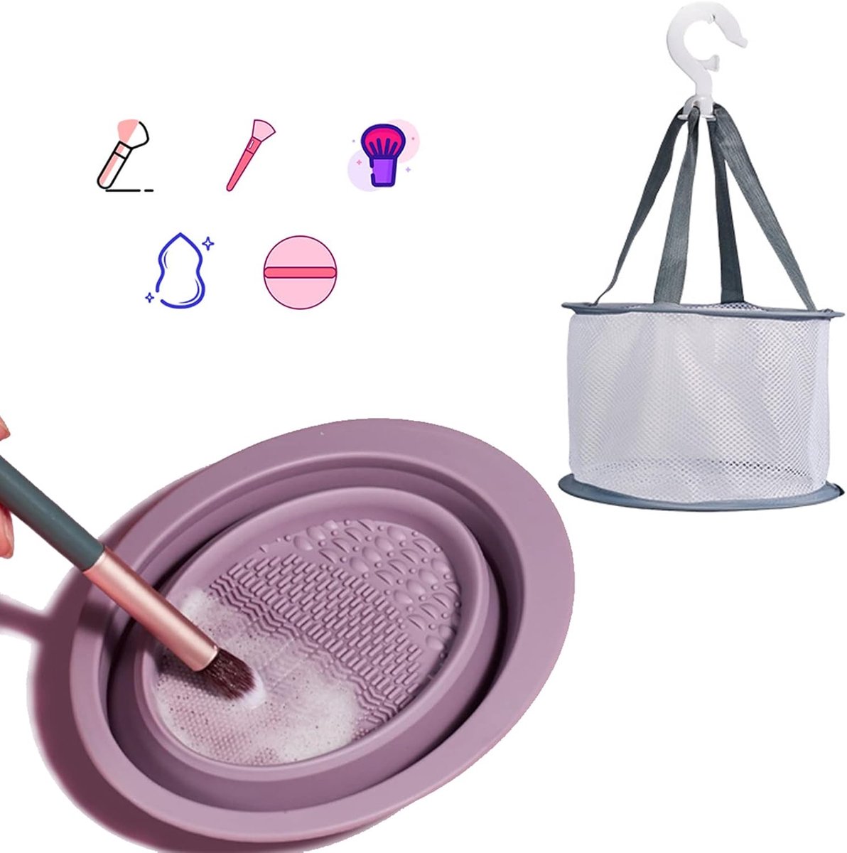Yolistar Make-up Brush Clean Set, reinigingsborstel van siliconen + opvouwbare netbeugel, reinigingsmat voor - ShopVlot