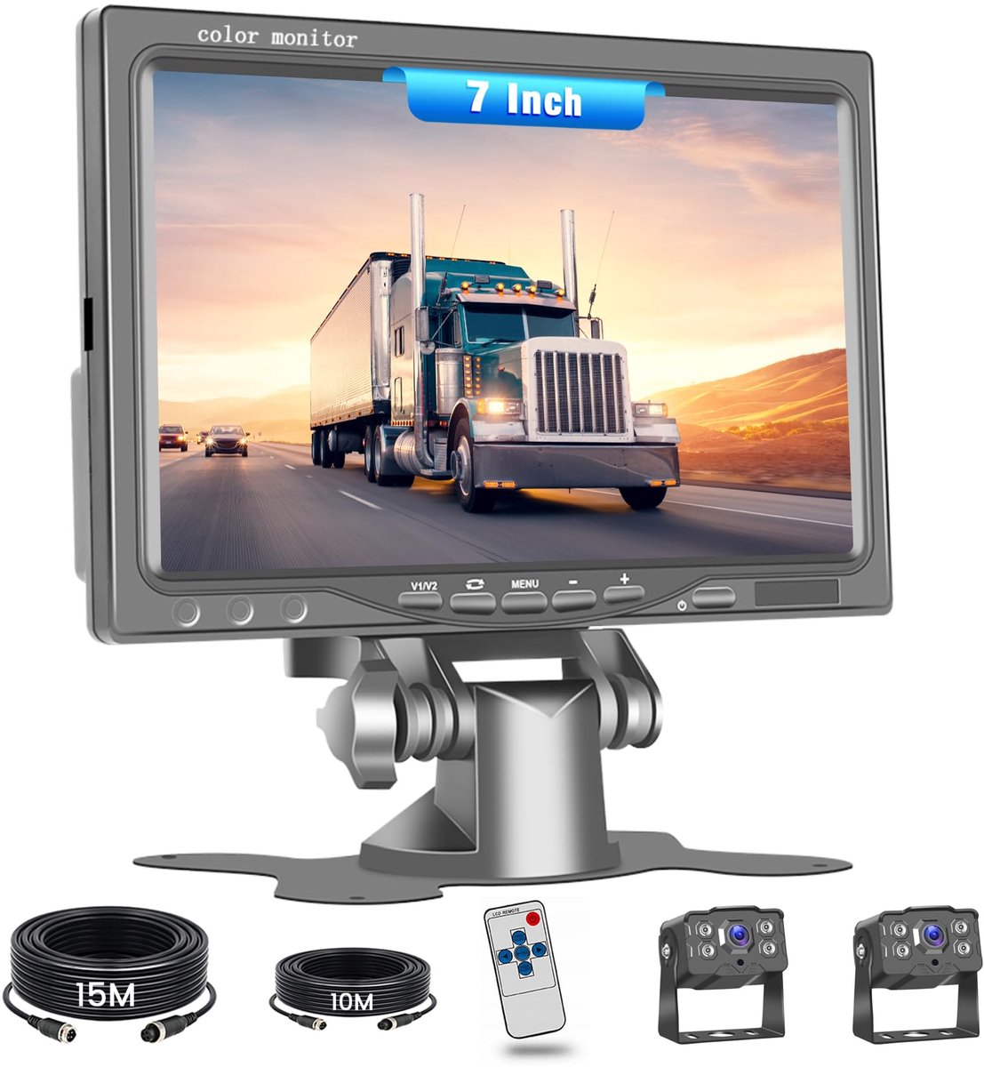 SnelShoppen - Achteruitrijcamera Set met 2 Camera's, 7 Inch IPS Monitor, Waterdicht AHD Camera, Nachtzicht, Kabel voor Vrachtwagen, Aanhanger, Bus, Be