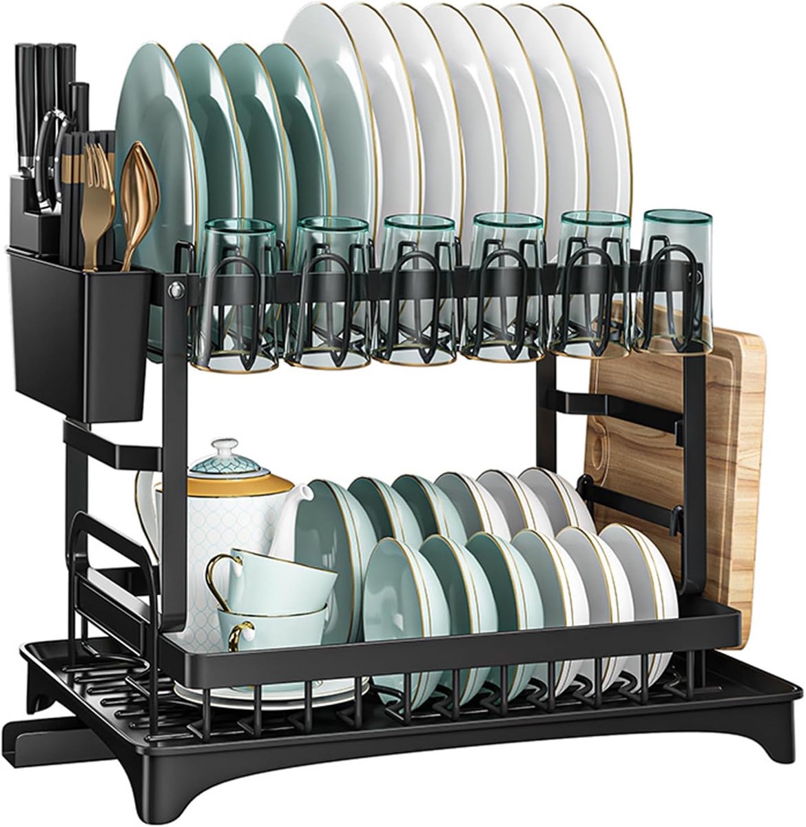 SnelShoppen - Afdruiprek voor Servies Zwart - 2-Traps Roestvrij Staal met Keukengereihouder en Afdruipbak - Ideaal voor Keuken, Camping, Feestjes