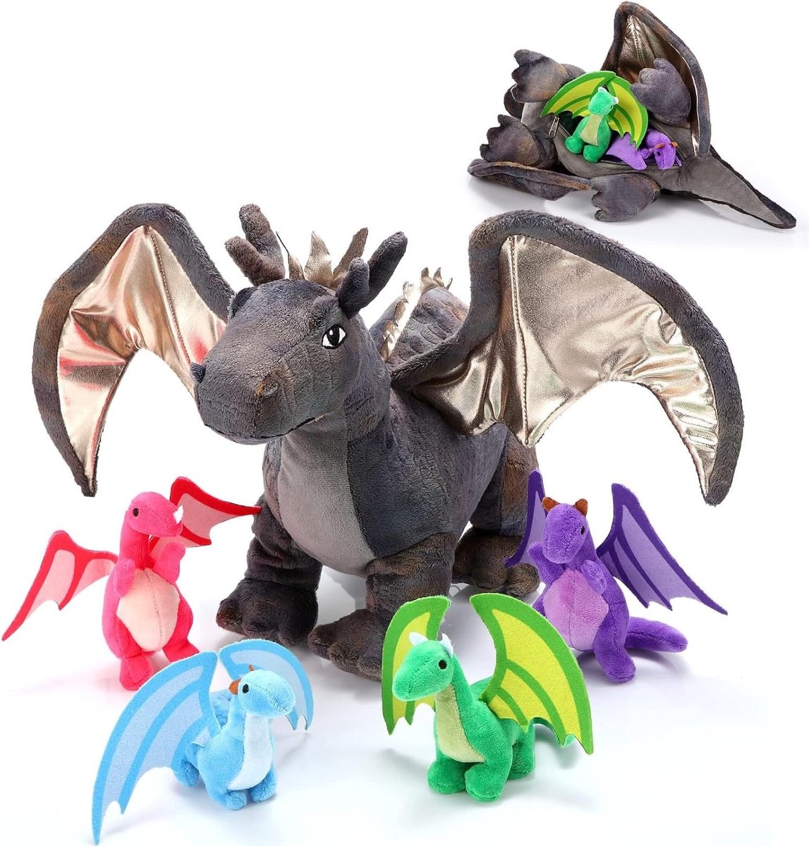 Grote Pluche Draak van 40 cm met 4 Kleine Draakjes, Perfect Cadeau voor Kinderen en Verjaardagen, Zacht en Speelgoed voor Creatieve Spelletjes