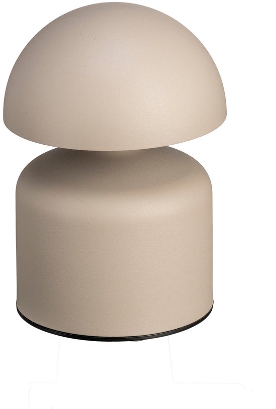 Lampe de table sans fil de couleur taupe avec un abat-jour rond et une base cylindrique.