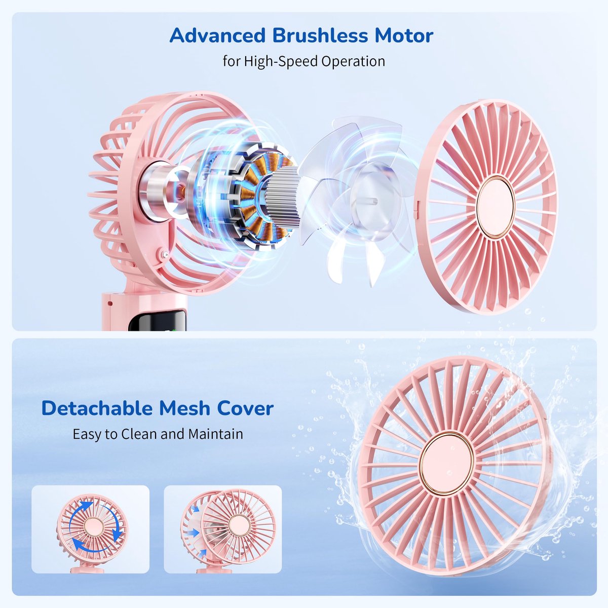 SnelShoppen - Handheld Ventilator Draagbare Miniventilator 5200 mAh Oplaadbaar 6 Snelheidsniveaus 180° Opvouwbare USB-Ventilator Roze Voor Thuis Kanto