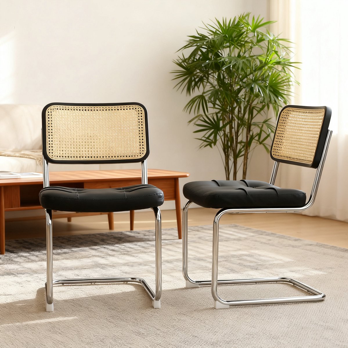 MEUNIQ Eetkamerstoelen set van 4 met rotan rugleuning, kunstleren zitting en verchroomd metalen cantilever frame, stapelbaar voor eetkamer, keuken of woonkamer, zwart Black