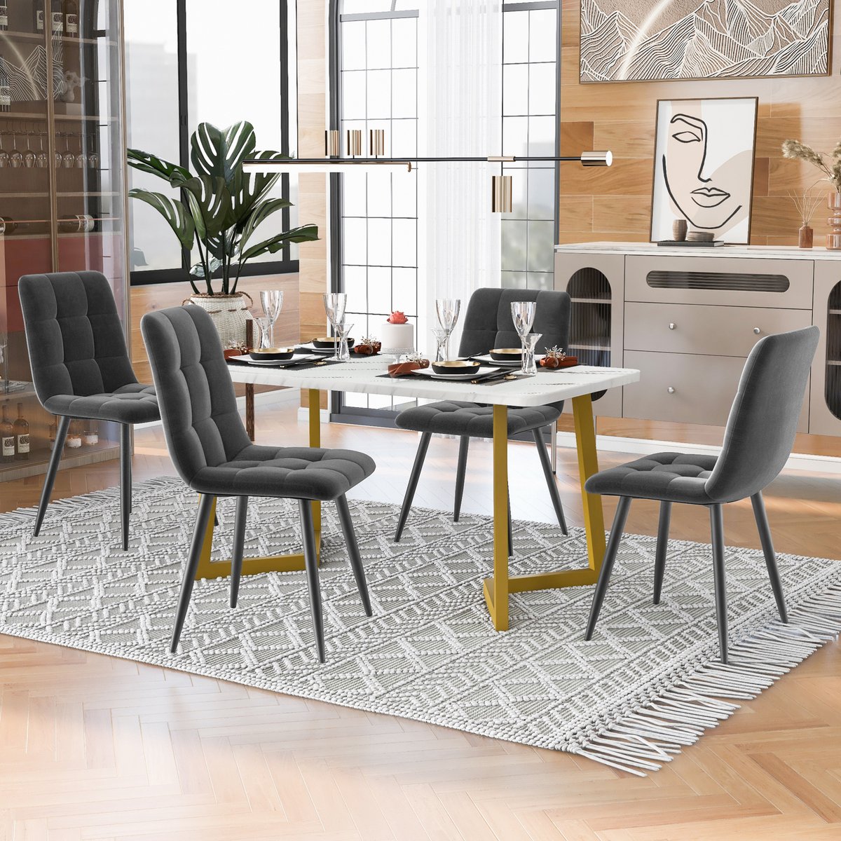 MEUNIQ eettafel met 4 stoelen 117 x 68 x 75 cm, rechthoekige tafelset voor eetkamer of keuken, fluwelen eetkamerstoelen, MDF tafelblad, goudkleurige metalen poten, grijs