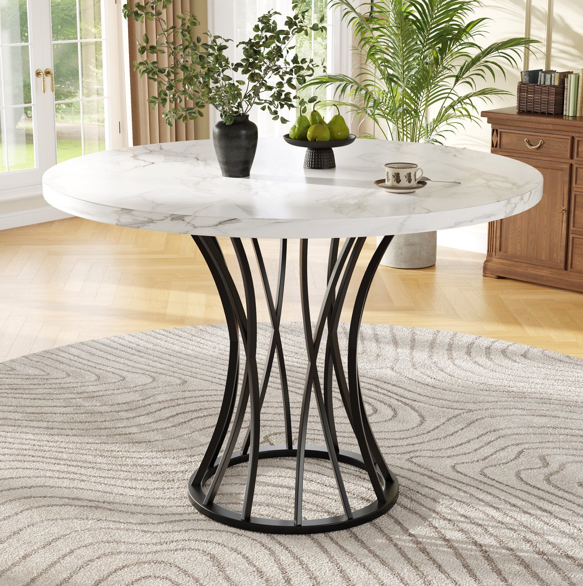 MEUNIQ ronde eettafel 80 x 80 x 76 cm met MDF tafelblad in marmerlook, metalen onderstel, verstelbare poten, voor eetkamer woonkamer of kantoor, zwart