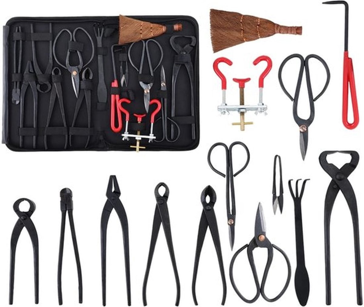 14-delige tuingereedschapsset, bonsai-schaar van koolstofstaal, bonsai-gereedschap inclusief tang, schaar, bonsai-snoeien, mini-hark, ronde schep