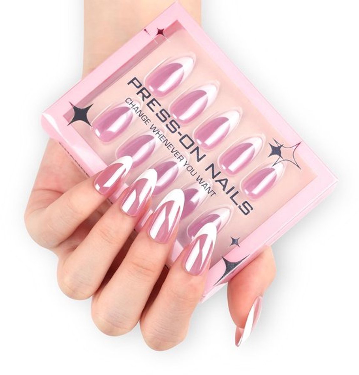 Nagelset 30 Stuks - Franse Tip - Glanzend - Amandelvormig - Kunstnagels - Herbruikbaar - Eenvoudige Kleur met Chroom Designs