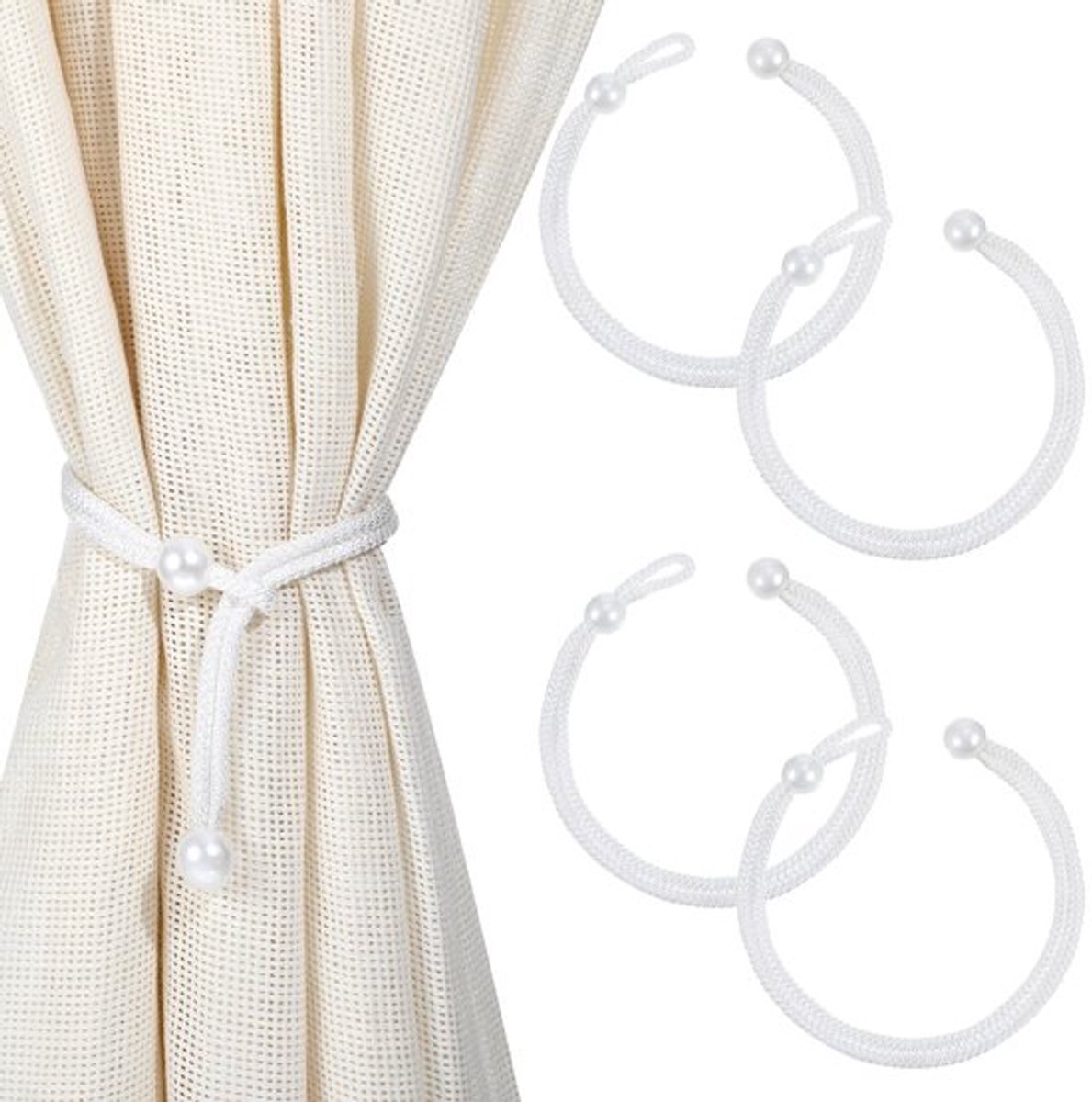 Parelgordijnen 4 Stuks - Verstelbare Gordijnhouders - Wit - Hoogwaardig Polyester - Eenvoudige Bevestiging - Elegante Touch - Gordijnclip