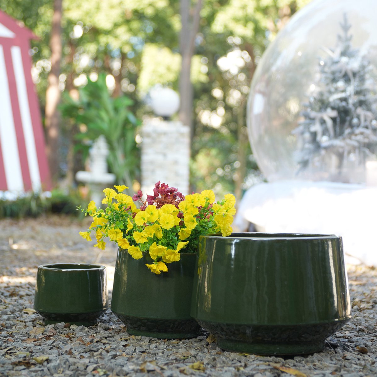 MODENUIT Bloempot Set – 3-Delig – Ø 38,1/28/22,9 cm – Keramiek – Antiekgroen – Binnen & Buiten