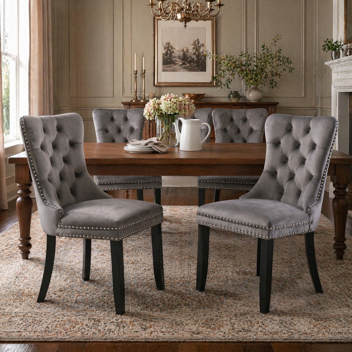 MEUNIQ Set van 2 eetkamerstoelen grijs, velvet, hoge rugleuning, gecapitonneerde afwerking, houten poten en klassieke uitstraling voor de eetkamer