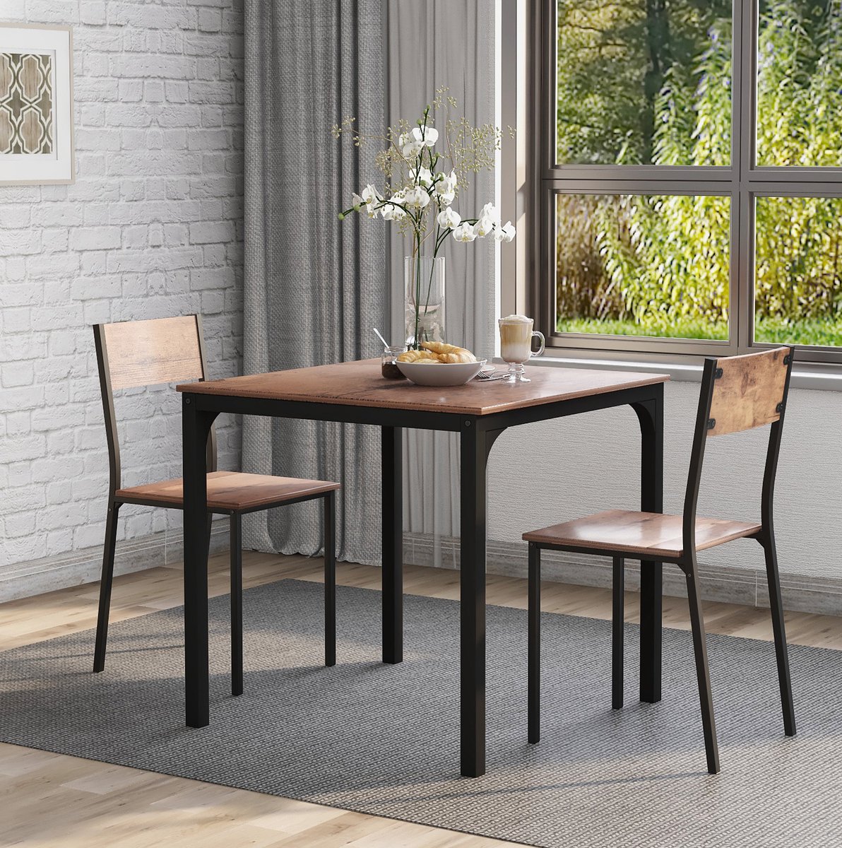MEUNIQ Set tafel en stoelen 70 x 70 x 75 cm, 1 tafel en 2 stoelen, metalen frame, bruine afwerking, voor eetkamer, woonkamer of balkon