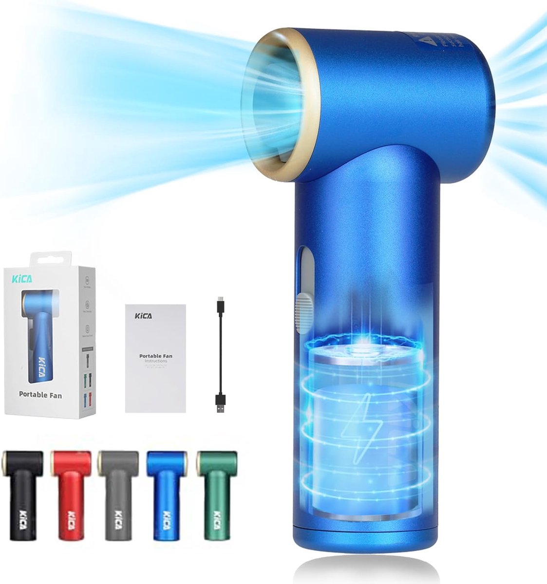 SnelShoppen - Kica JetFan Mini Handfan - USB Ventilator - 14 Uur Accuduur - Stepless Snelheidsregeling - Compact & Licht - Blauw - Voor Thuis, Kantoor