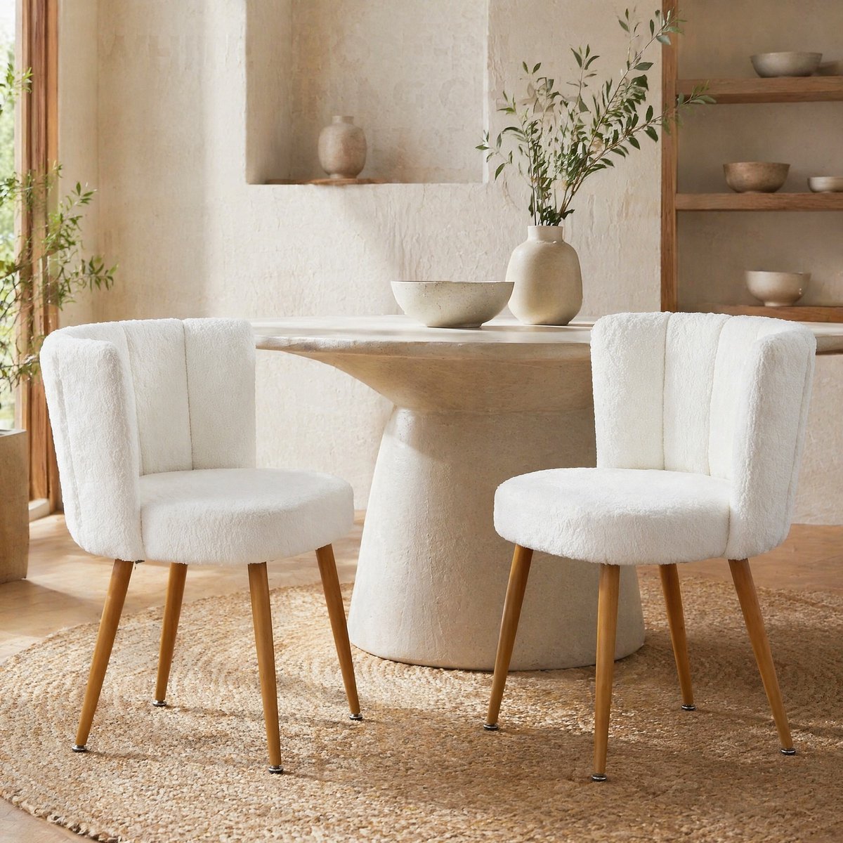 MEUNIQ Witte kuipstoel eetkamerstoel set van 2 met metalen buisframe en houtkleurige poten, zachte teddy bekleding voor eetkamer, woonkamer of café White
