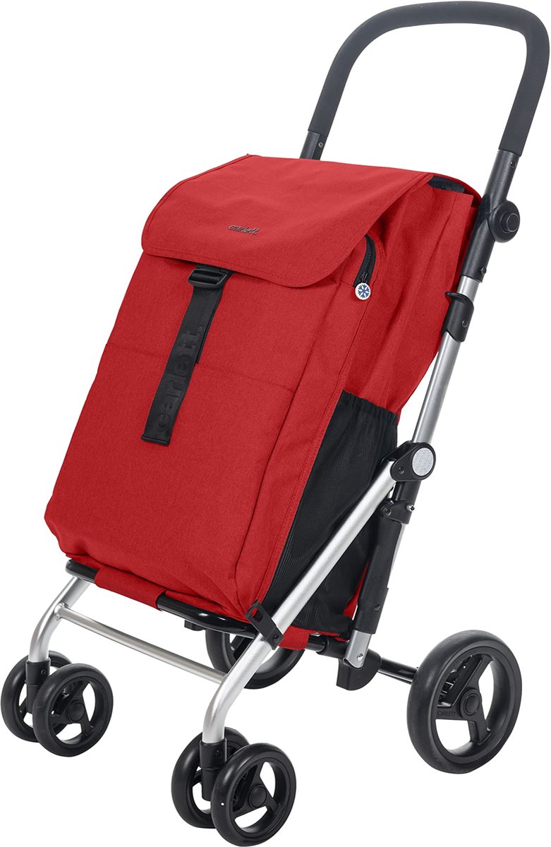 SnelShoppen - Boodschappentrolley 4 Wielen Plooibaar met 32kg Grote Inhoud, 64L Hoofdvak, 10,5L Koelvak, Rood, Ideaal voor Supermarkt, Vakantie, Dagel