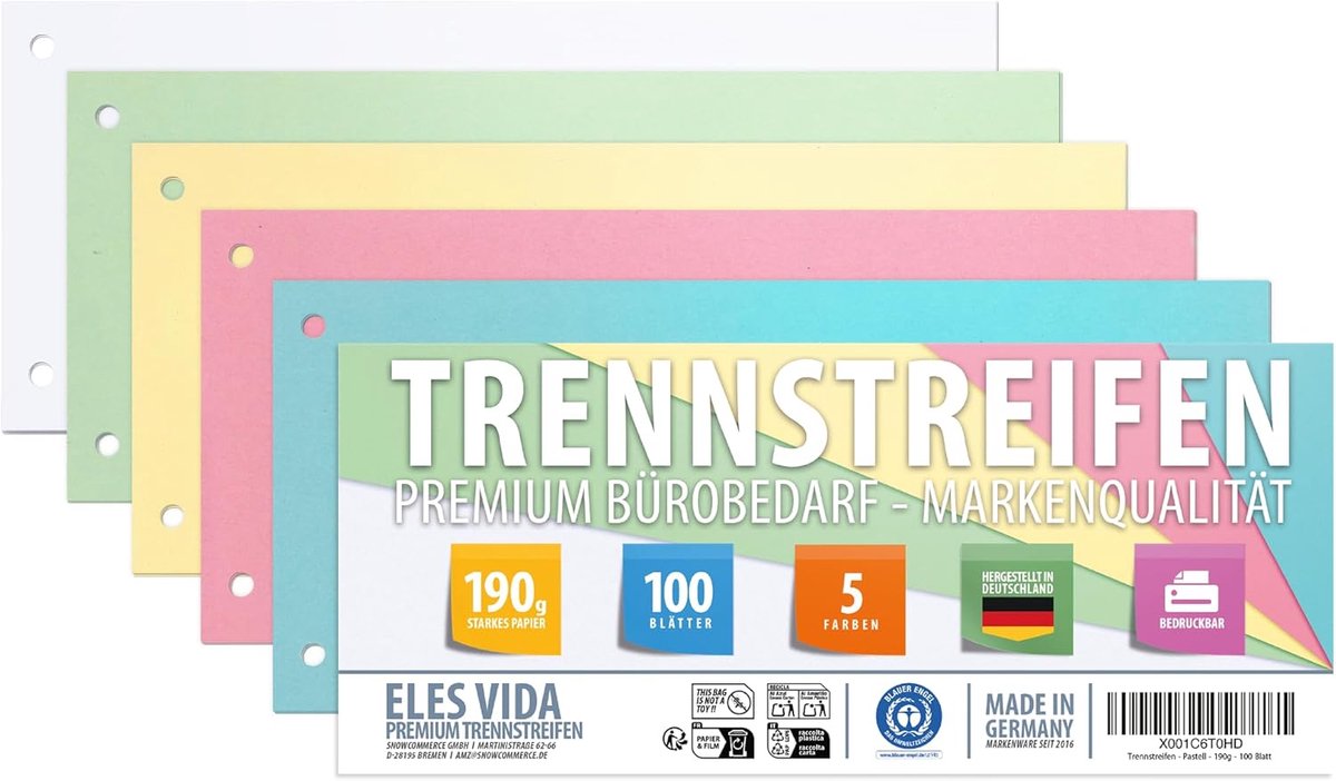 SnelShoppen - Scheidingsstroken 100 stuks in 5 kleuren 24 x 10,5 cm - Perforatiemateriaal 190 g/m² - Schrijfbaar - Leer- en Invoerstroken voor A4 en A