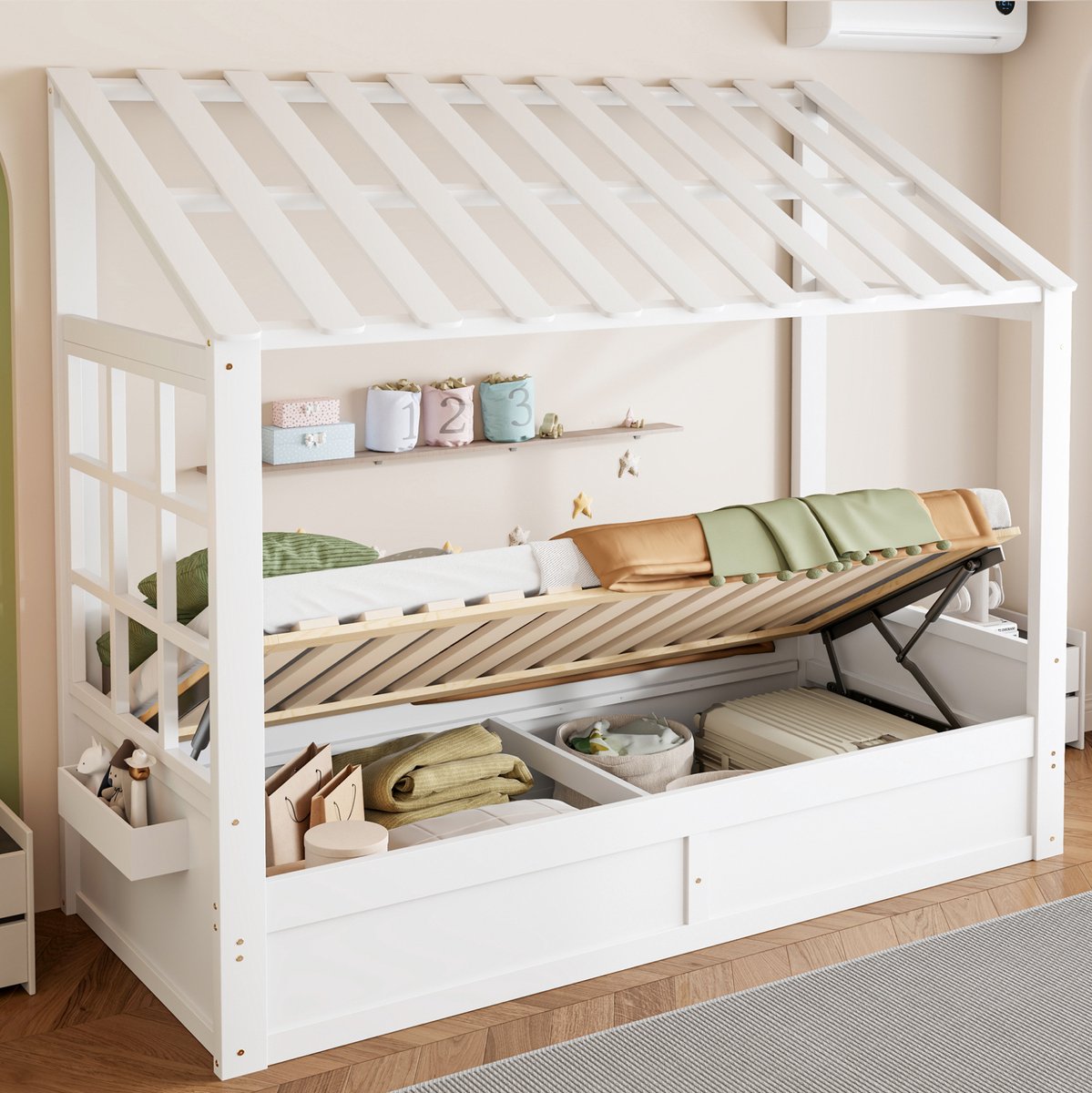 OKWISH Kinderbed 90 x 200 cm - Hoogslaper Met Dak en Raam - Hydraulische Opbergruimte en Zijvakken - Voor Kinderen - Hout MDF Wit - Zonder Matras