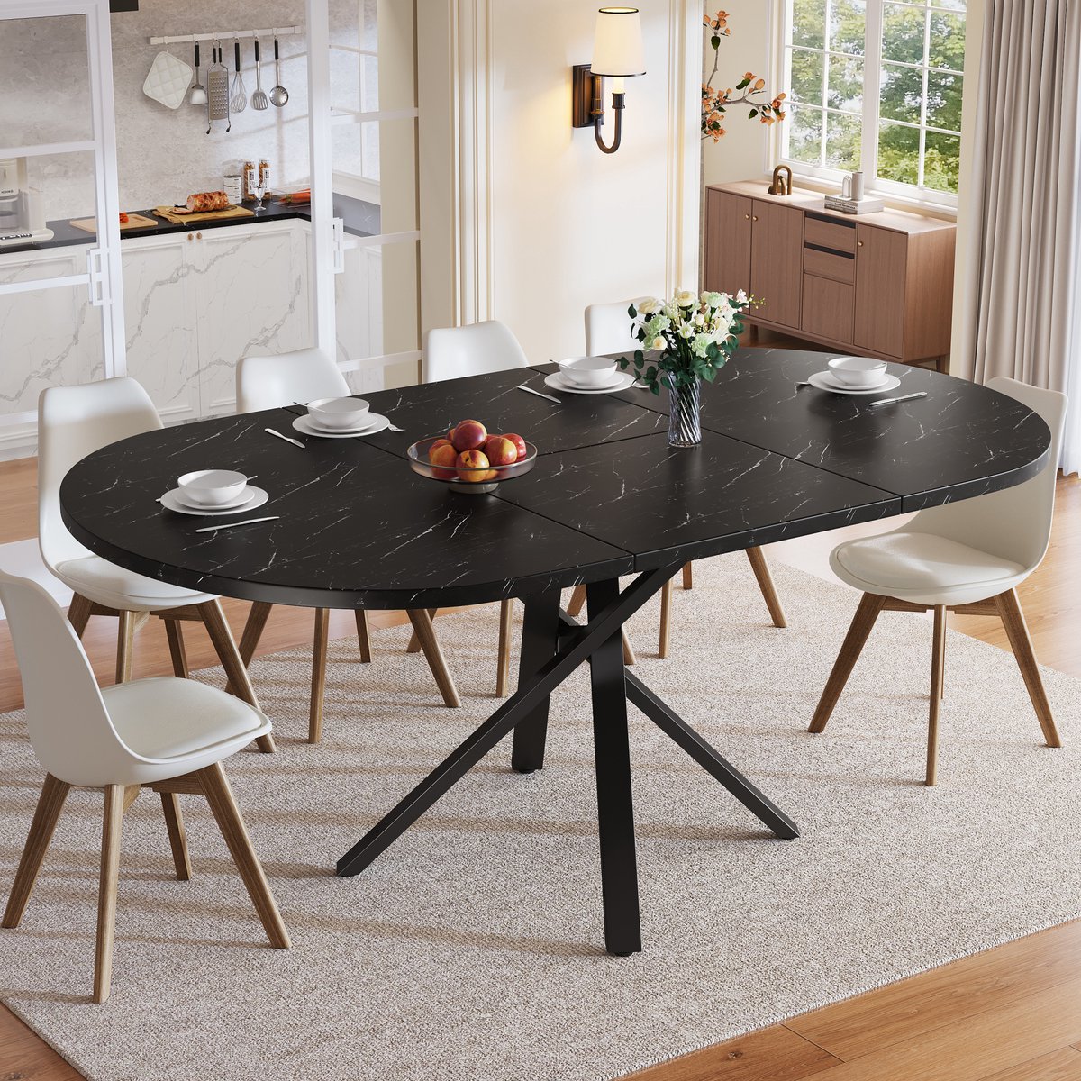 MEUNIQ Uitschuifbare eettafel 100-140 x 100 x 75,5 cm met marmerlook tafelblad, metalen X-onderstel en verstelbare pootjes voor eetkamer of keuken, zwart