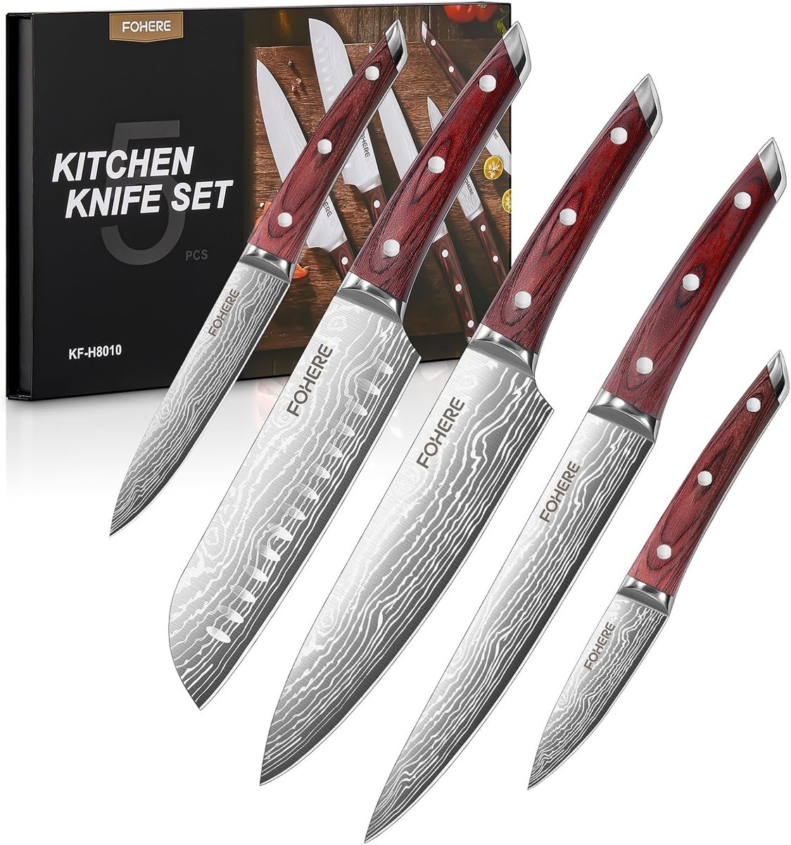 SnelShoppen - 5-delige Koksmes Set, Ultra-scherpe Keukenmessen van Hoogwaardige Carbon RVS, Professionele Messen met Ergonomische Handgreep in Luxe Ca