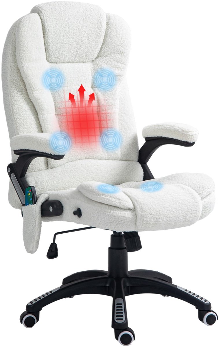 SnelShoppen - Ergonomische Massage- en Verwarmde Bureaustoel, Verstelbare Hoogte, 360 Graden Draaibaar, Polyesterstof, Wit, Ideaal voor Thuiswerken en