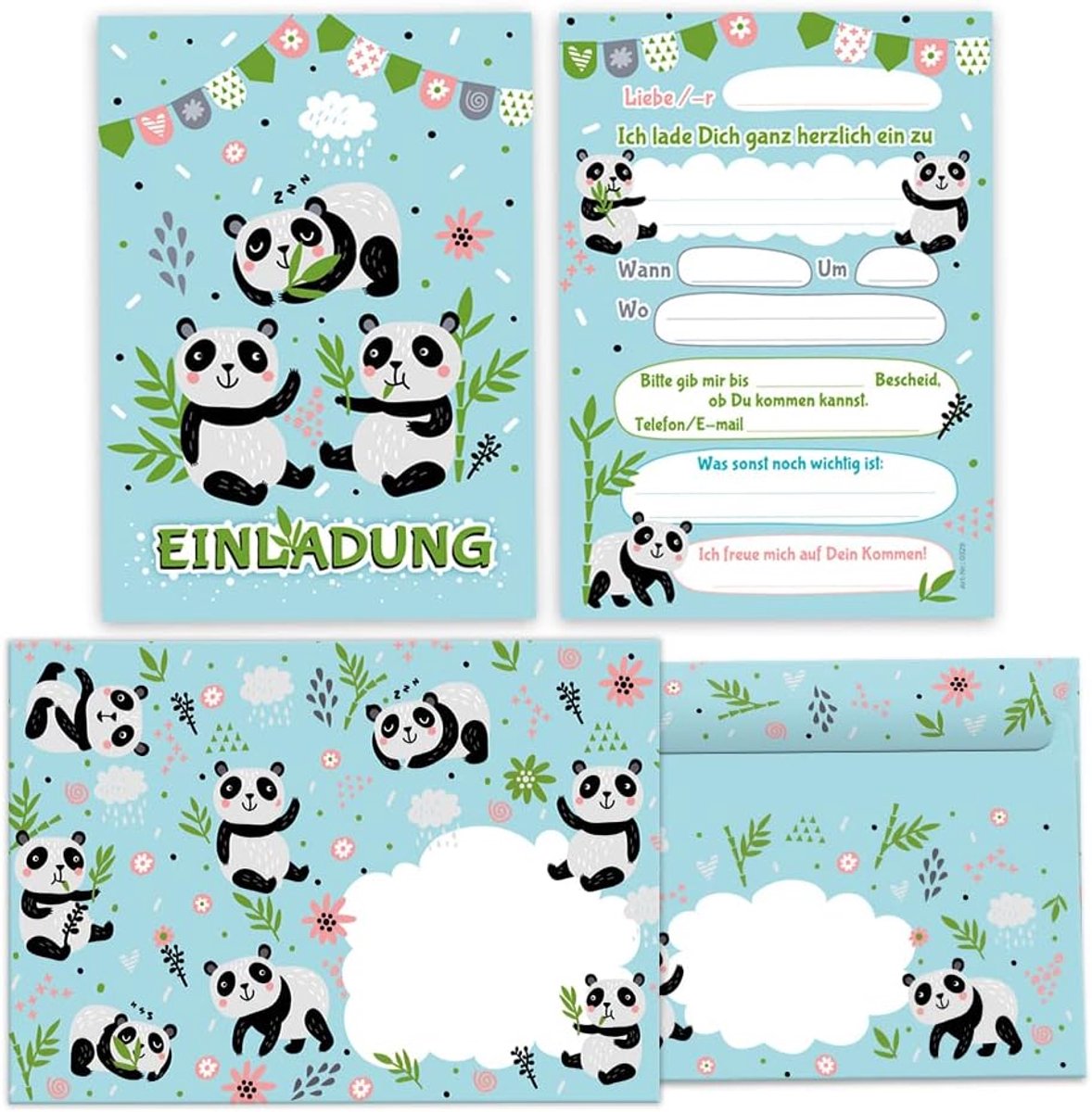 SnelShoppen - 12 Panda Uitnodigingskaarten + 12 Enveloppen - Kinderverjaardag - Feest - Voor Jongens en Meisjes - 10.5x14.8 cm - UV Coating