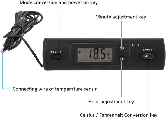 Auto Thermometer - Elektronische Klok - Dubbele Probe - Binnen en Buiten Temperatuur - Digitale Klok - Multifunctioneel - Hoge Nauwkeurigheid voor Voertuigen van Houzetta — afbeelding 2