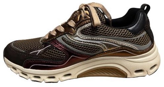 Bruine Gabor Rollingsoft sneaker met beige veters, gouden en bordeauxrode accenten en mesh.