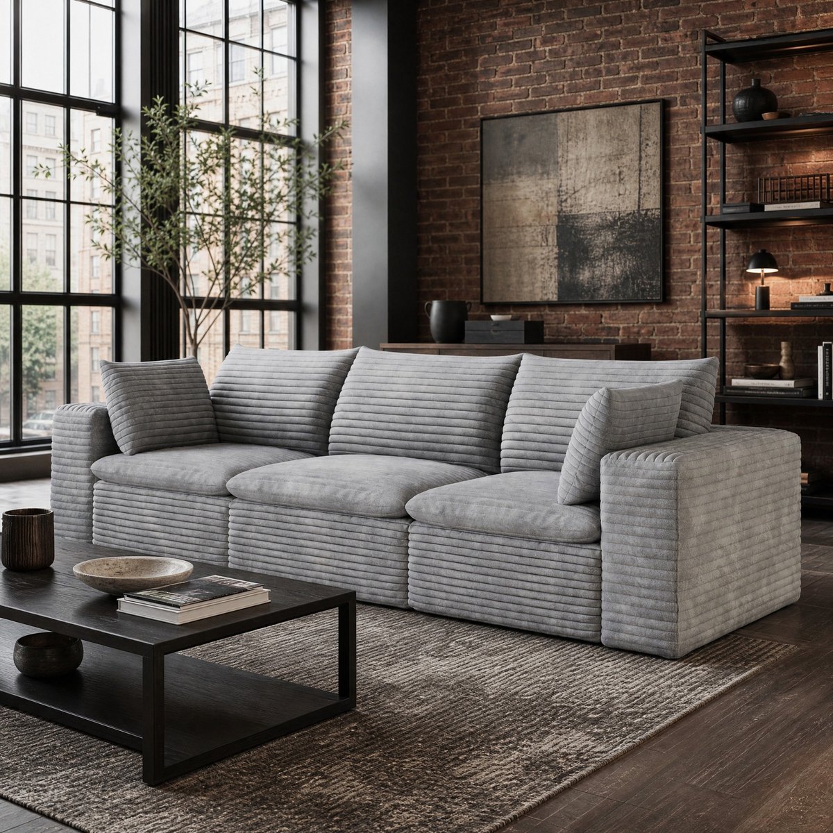 REDOM Bank - 3-zits zitbank - Corduroy bekleding met dubbele laag - Afneembare kussens - Stoffen uitvoering - Woonkamer - Grijs - 260 x 90 x 82 cm
