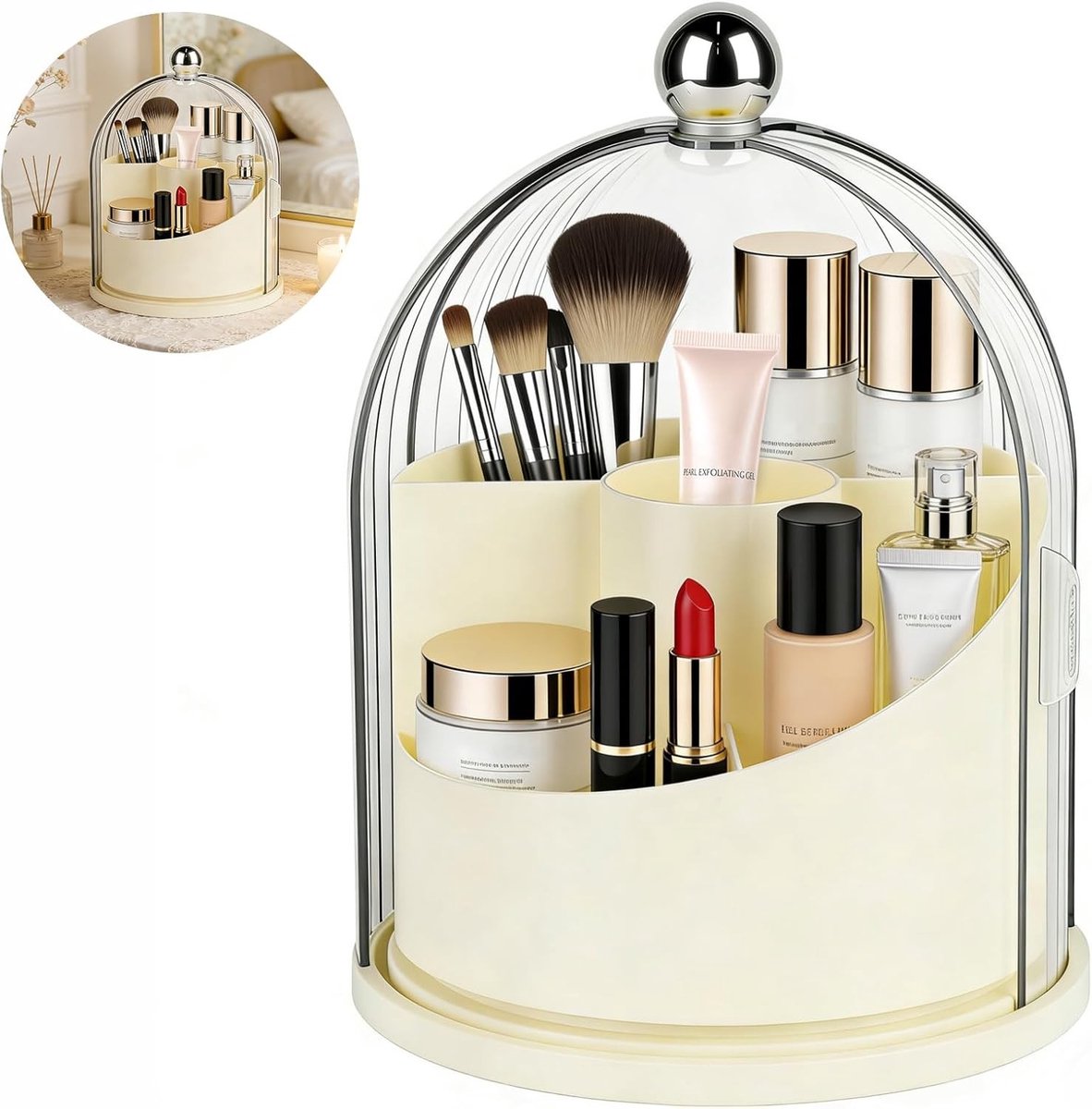 Draaibare make-up organizer met grote capaciteit, 5 vakken en deksel voor badkamer en slaapkamer, 18,5 x 27 cm, ideaal voor cosmetica en kwasten