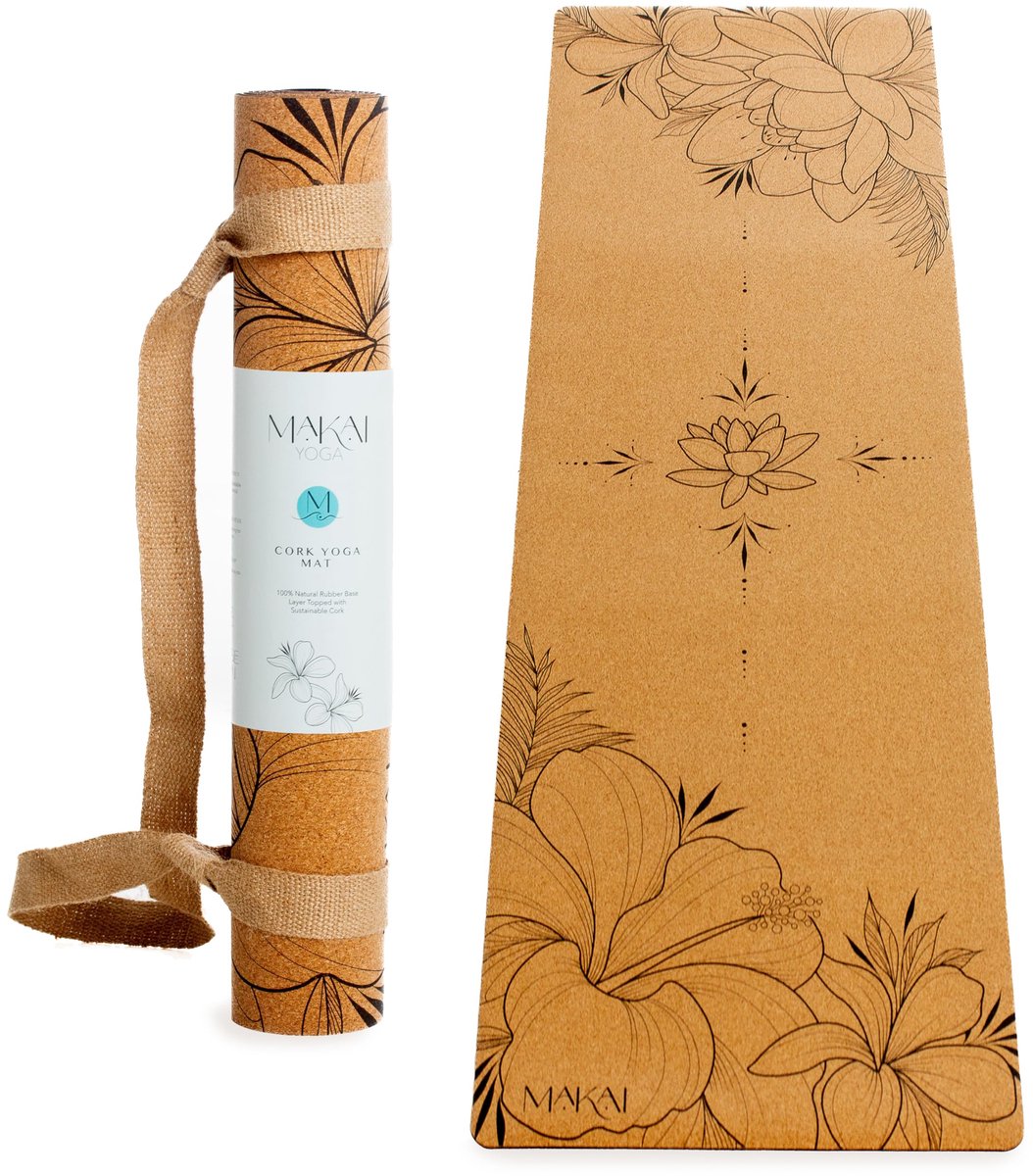 SnelShoppen - MAKAI Yogamat van Kurk 4 mm Antislipmat, Milieuvriendelijk Natuurlijke Kurk en Rubber, Inclusief Hennepdraagriem, Voor Thuis, Sportschoo