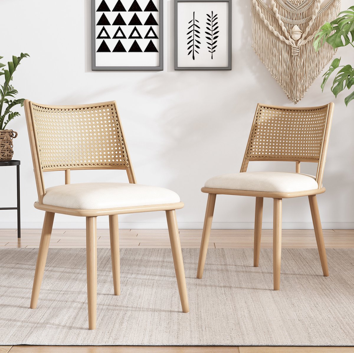 MEUNIQ Eetkamerstoel set van 2 met rotan rugleuning, kunstleren zitting, rechte vierpoot en beige afwerking voor eetkamer of woonkamer